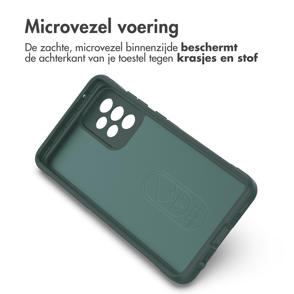 Groene telefoonhoesbinnenkant, met het binnenmateriaal. Tekst vermeldt zachte, microvezelvoering.
