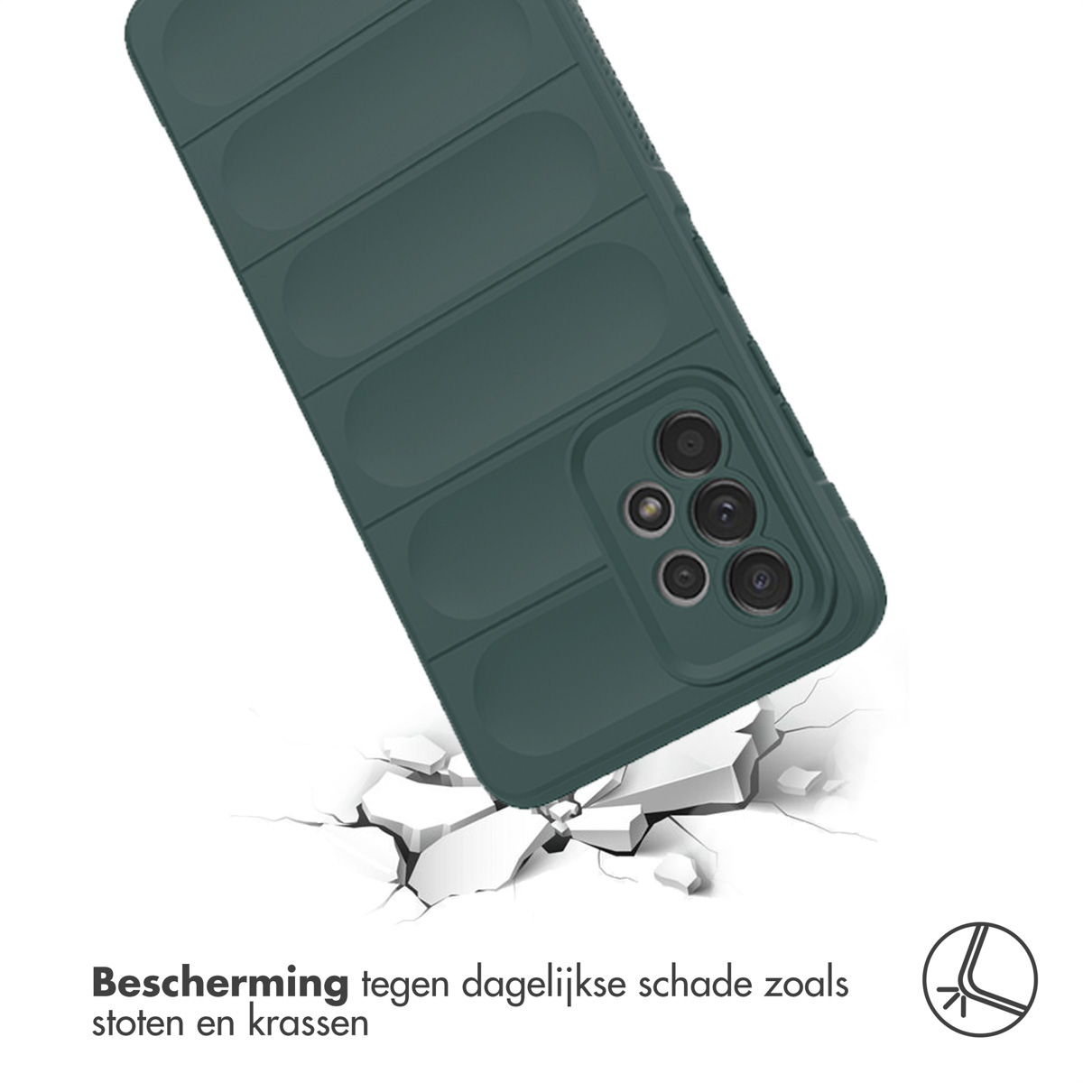 Donkergroene telefoonhoes op gebarsten grond. De telefoonhoes toont bescherming tegen dagelijkse schade.