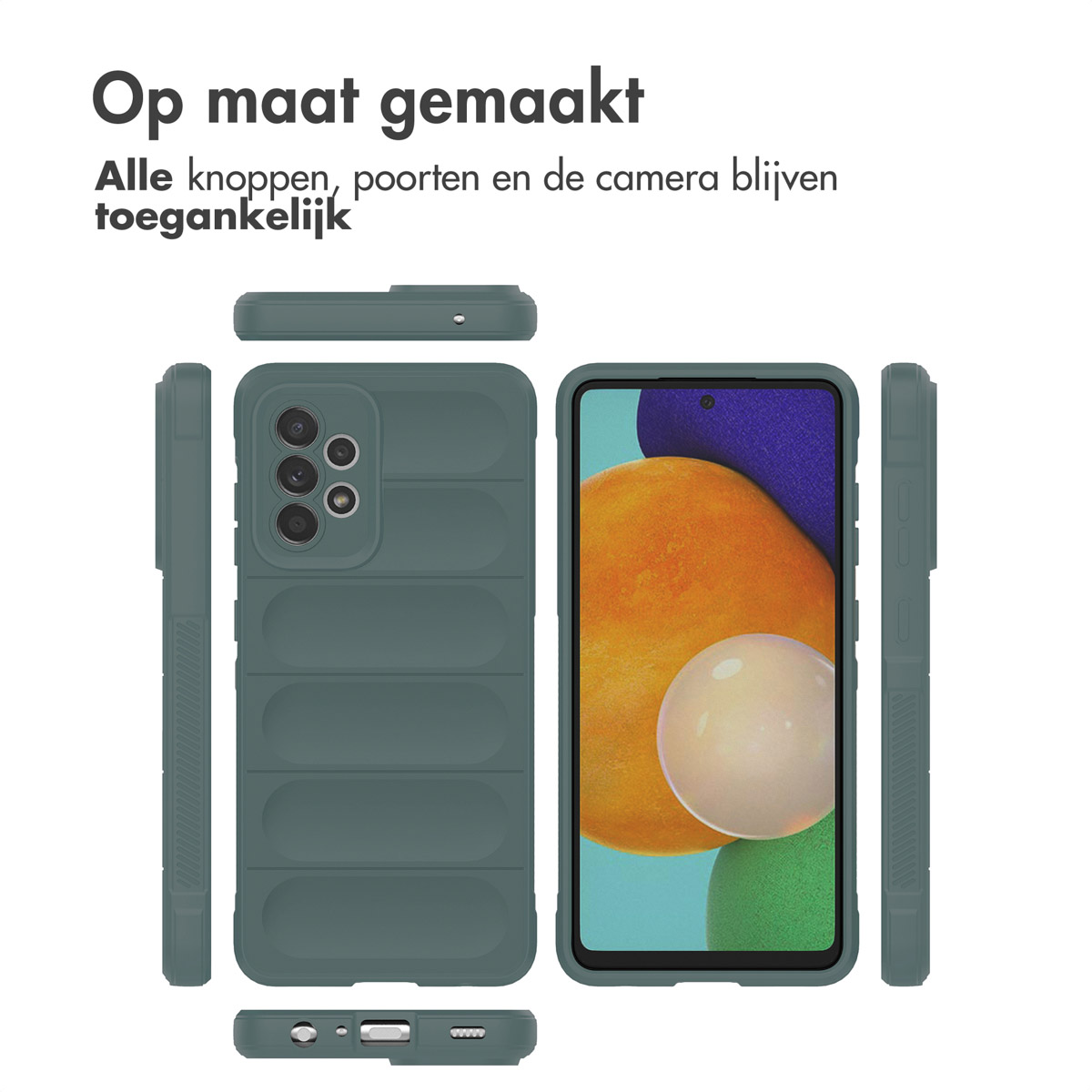 Een groene telefoonhoes met een telefoon erin, met de camera en knoppen toegankelijk.