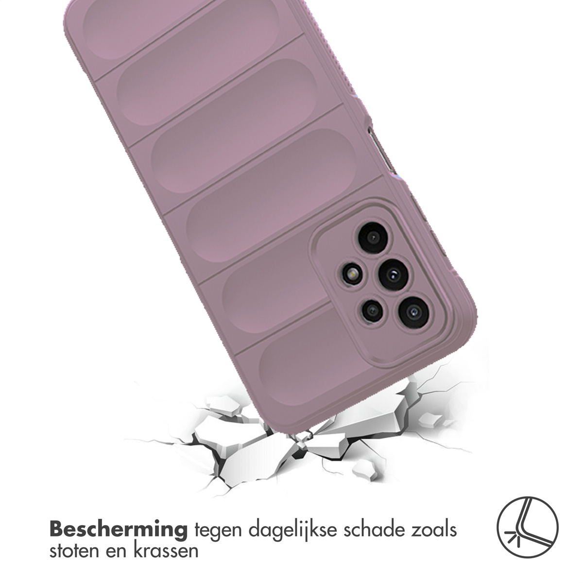 Purple phone case, dropped, showing impact cracks. Text: Protection against daily damage.