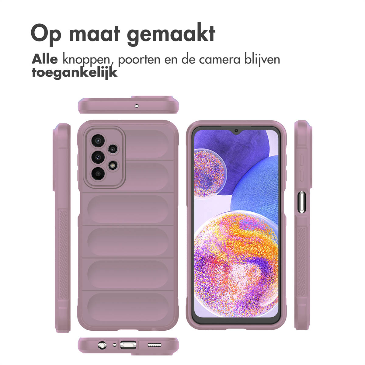 A purple phone case. Text says 'All buttons, ports, and camera remain accessible'.