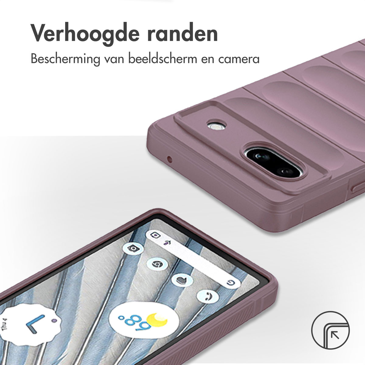 Handyhülle mit Bildschirm- und Kameraschutz. Lila Hülle mit Telefon darin.