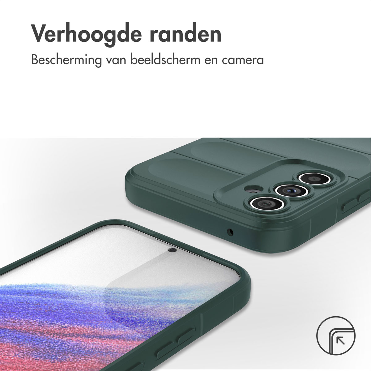 Custodia verde per telefono con telefono. Testo 'Verhoogde randen'.