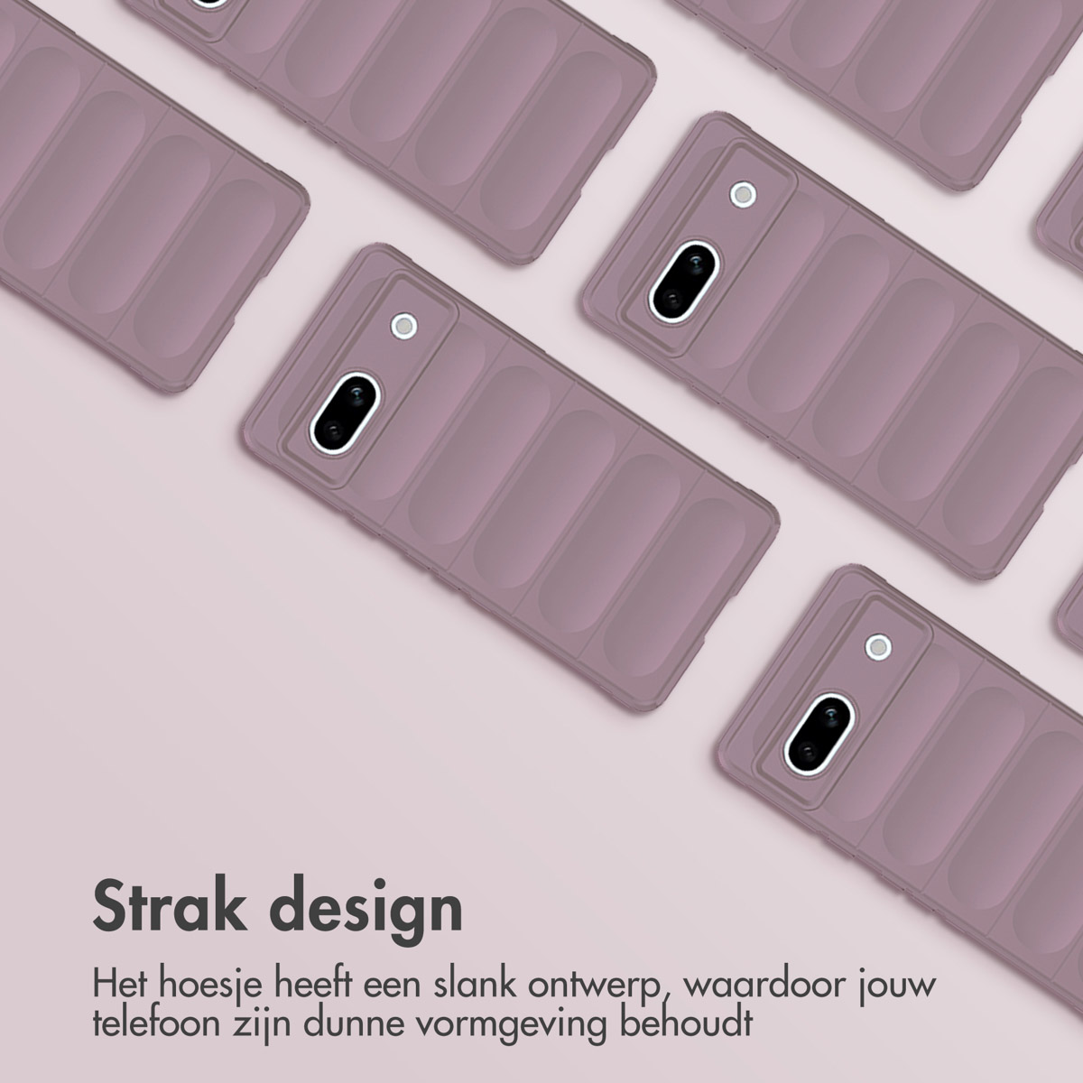 Mehrere mauve Handyhüllen auf mauvefarbenem Hintergrund. Text: Schlankes Design.