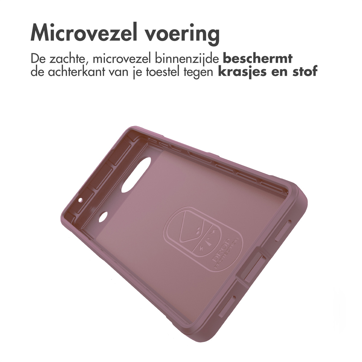 Eine Handyhülle, Innenansicht. Text sagt „Mikrofaserfutter“ und beschreibt Kratzschutz.