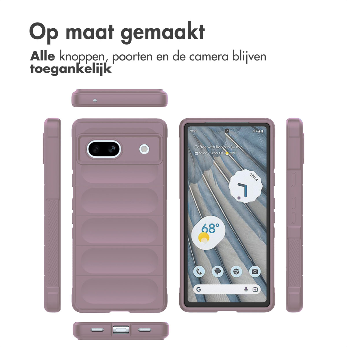 Handyhülle; lila, mit Telefon darin. Text: "Op maat gemaakt", alle Tasten, Anschlüsse und Kamera zugänglich.