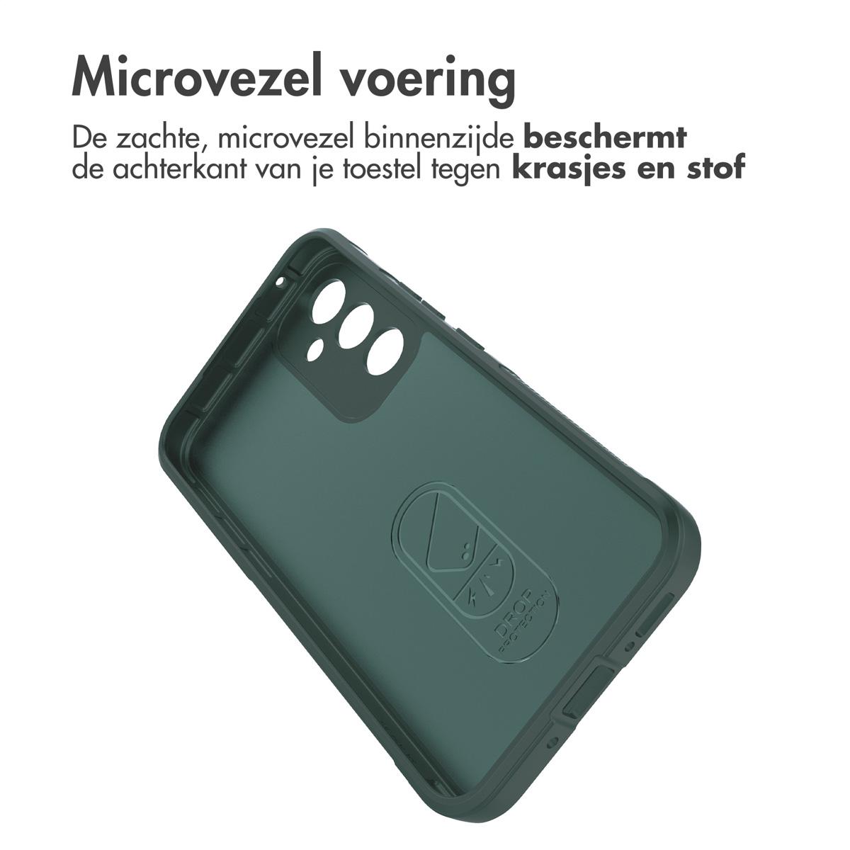 Interno della custodia del telefono verde scuro. Testo: Fodera in microfibra.