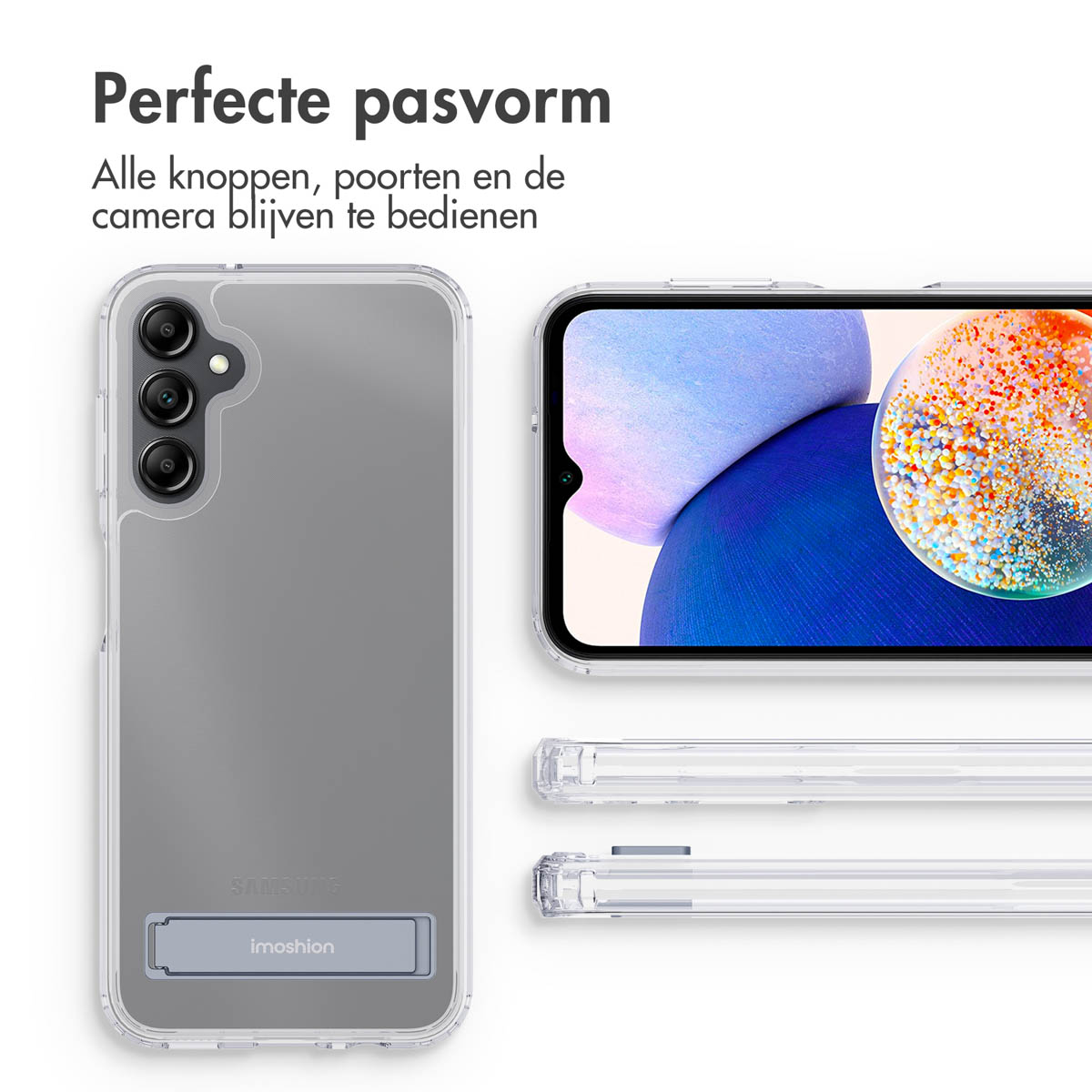 Custodia trasparente per telefono e telefono. Il telefono è visibile. La custodia è trasparente. Il telefono è argento.