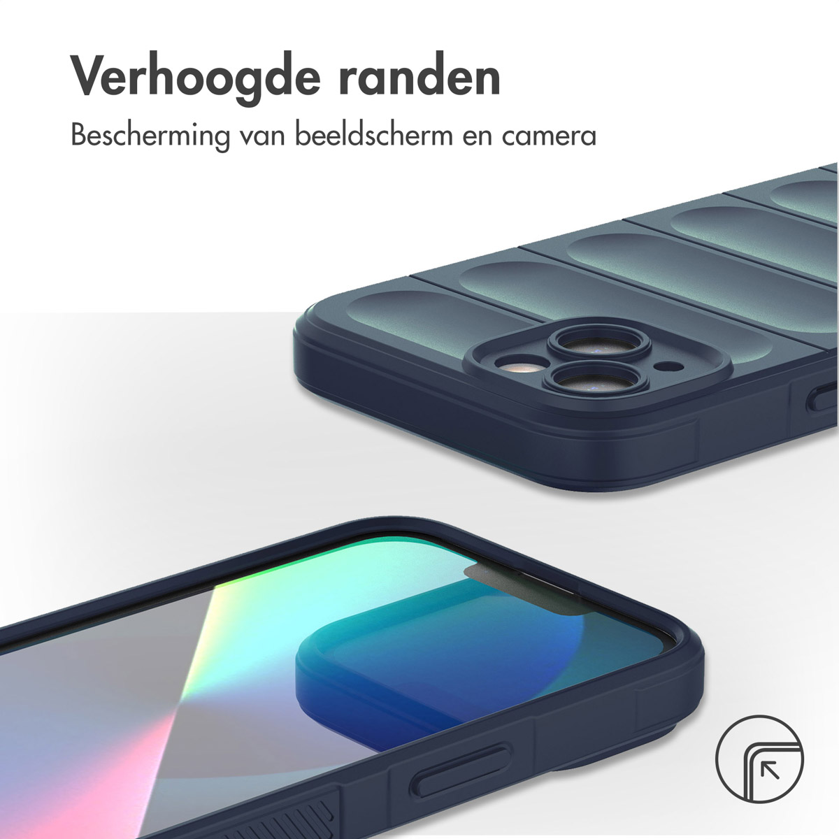 Donkerblauwe telefoonhoes en telefoon, onder een hoek. De hoes heeft een geribbelde vormgeving en verhoogde randen.