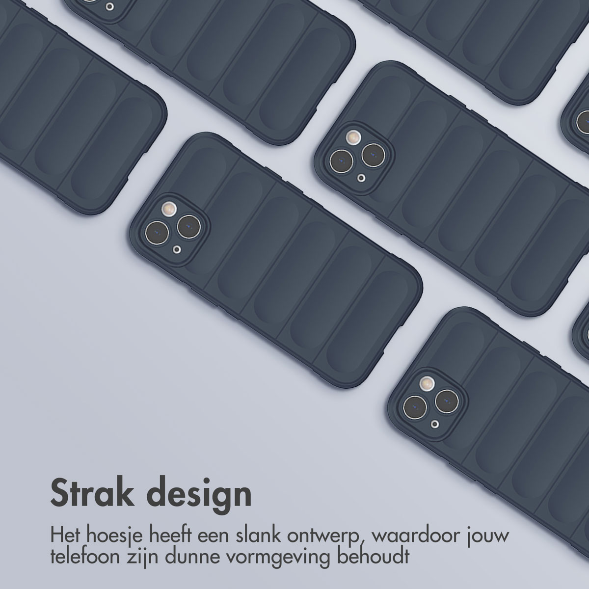 Meerdere blauwe telefoonhoesjes, een ontwerp. Tekst stelt dat de hoes een slank ontwerp heeft.