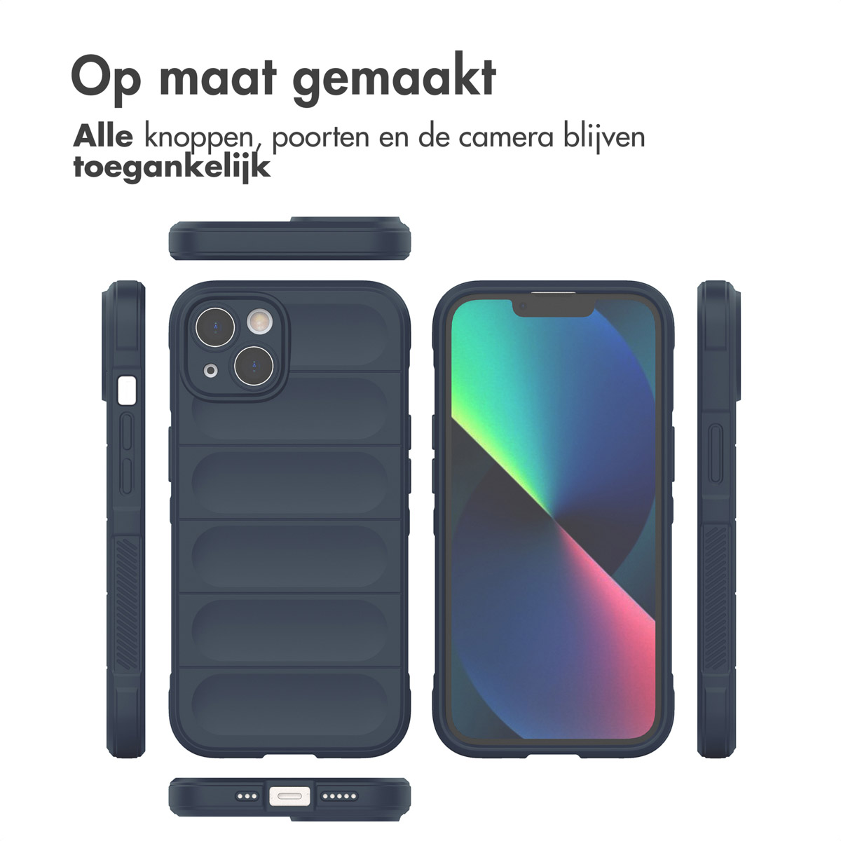 Telefoonhoesje; marineblauw, met een telefoon erin. Tekst: "Op maat gemaakt", alle knoppen en camera toegankelijk.