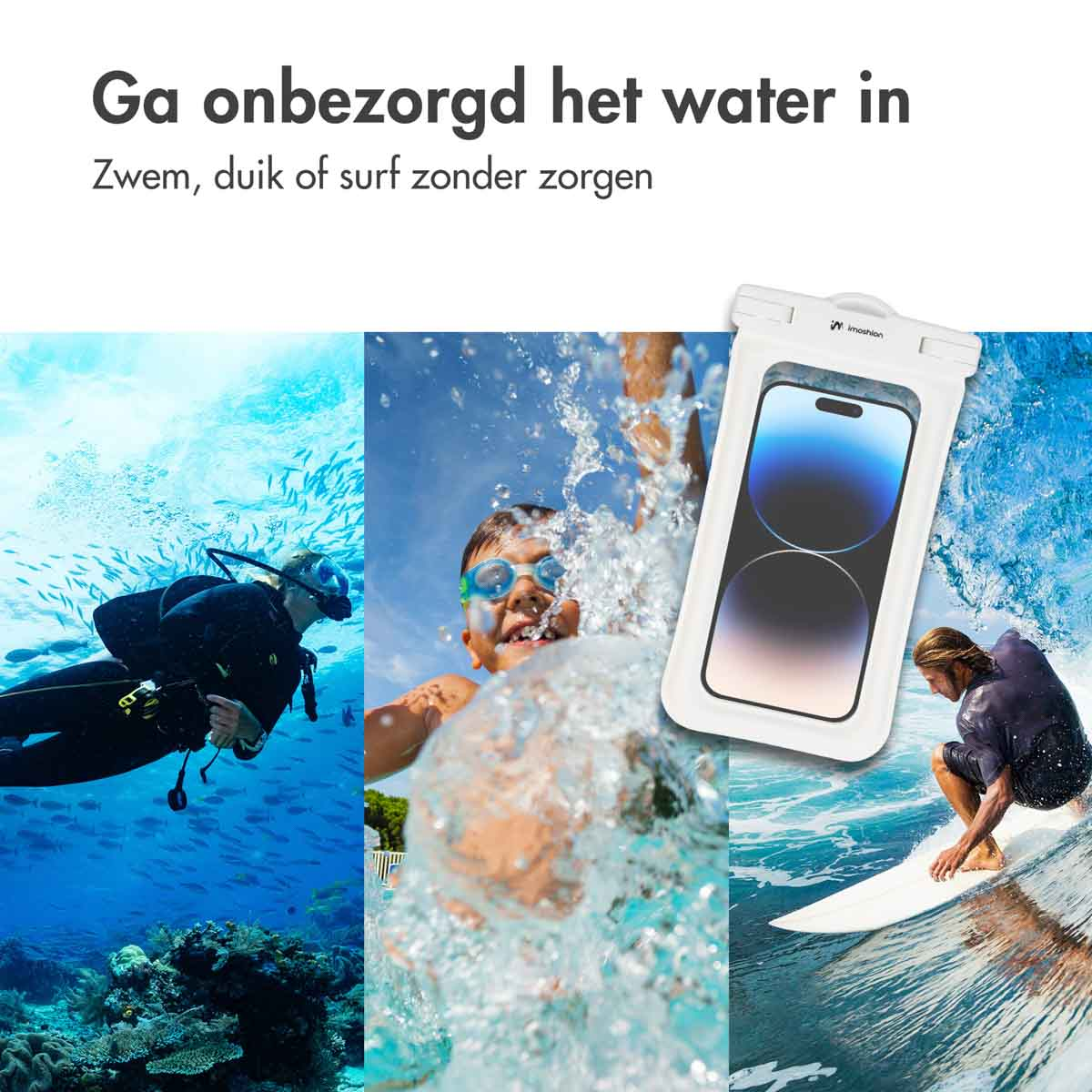 The image shows a collage of underwater and watersport activities.