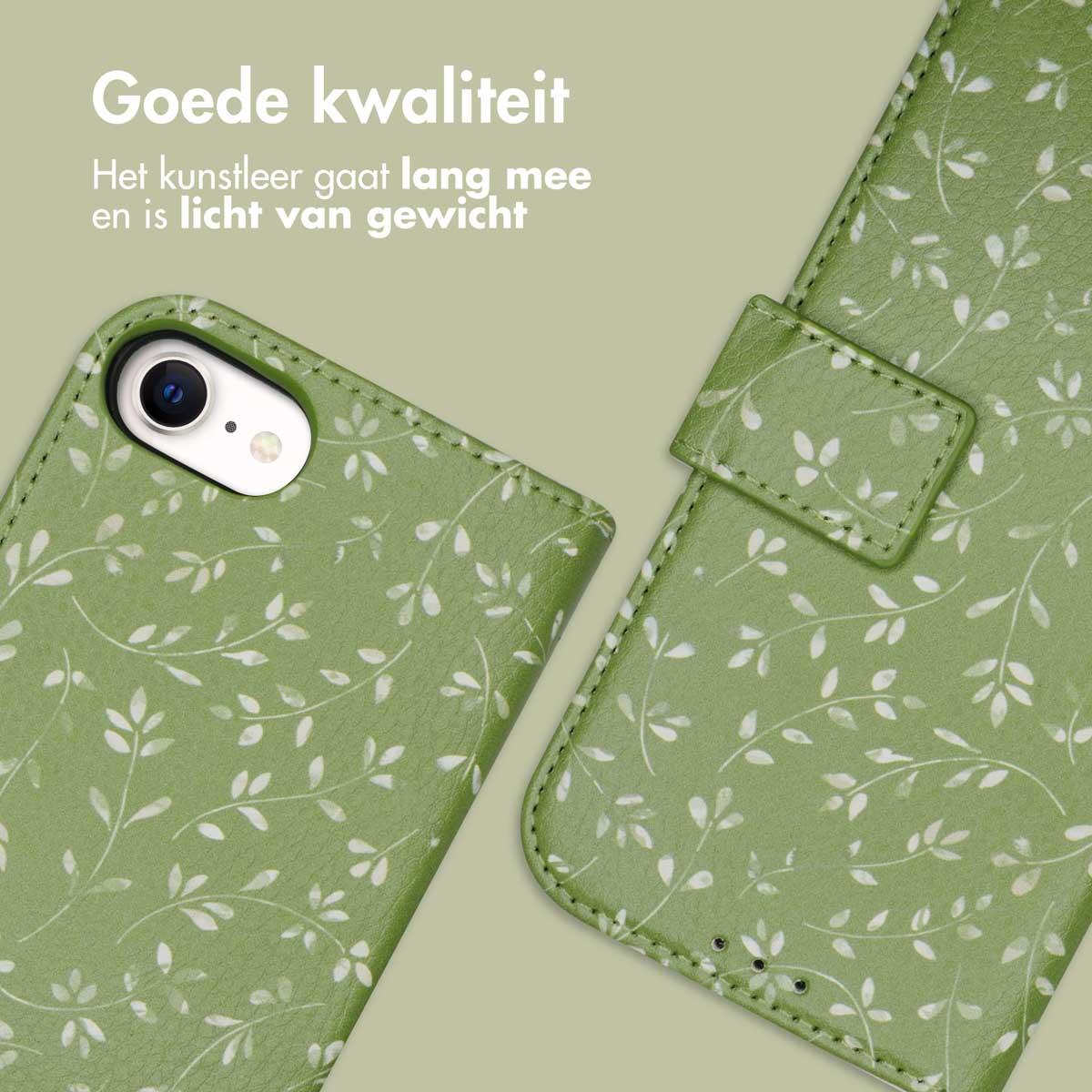 Groene telefoonhoes met bladerpatroon, de hoes is open. Hij is gemaakt van leer.