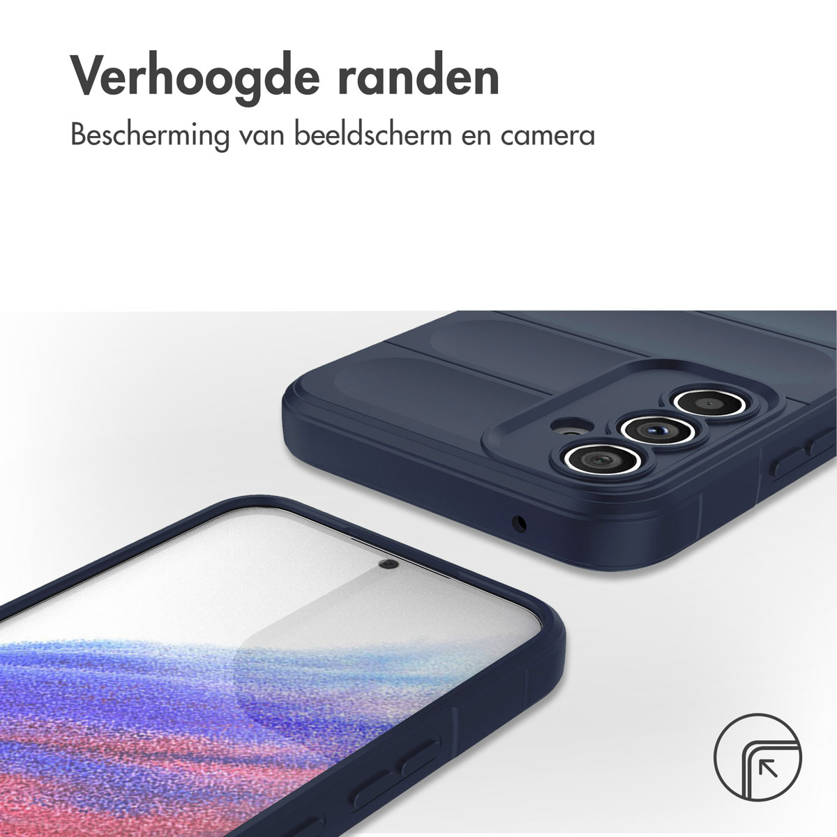 Custodia blu con bordi rialzati, protegge schermo e fotocamera. Parte della custodia con schermo e fotocamera è visibile.