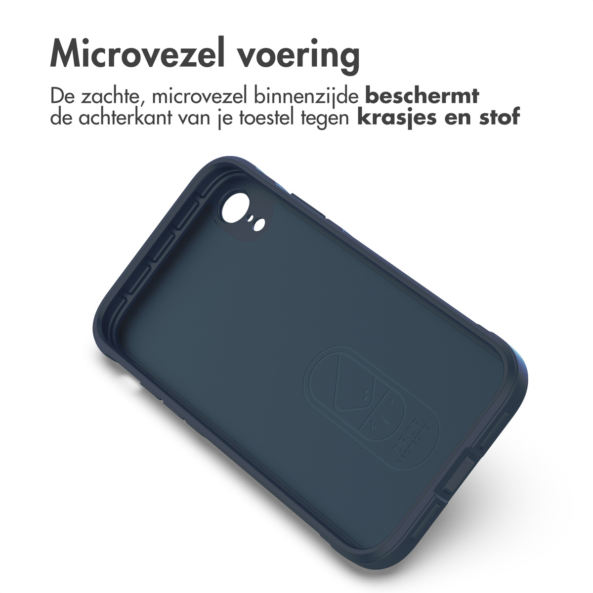 Binnenkant van de telefoonhoes. Zachte binnenvoering, donkerblauwe binnenkant van de hoes. Telefoon zit erin.