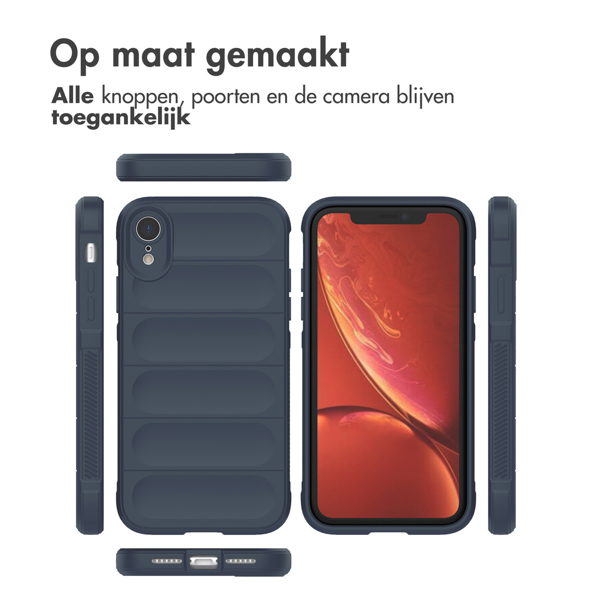Telefoonhoescomponenten in een flat lay, met knoppen, poorten en cameratoegang. De hoes is blauw.