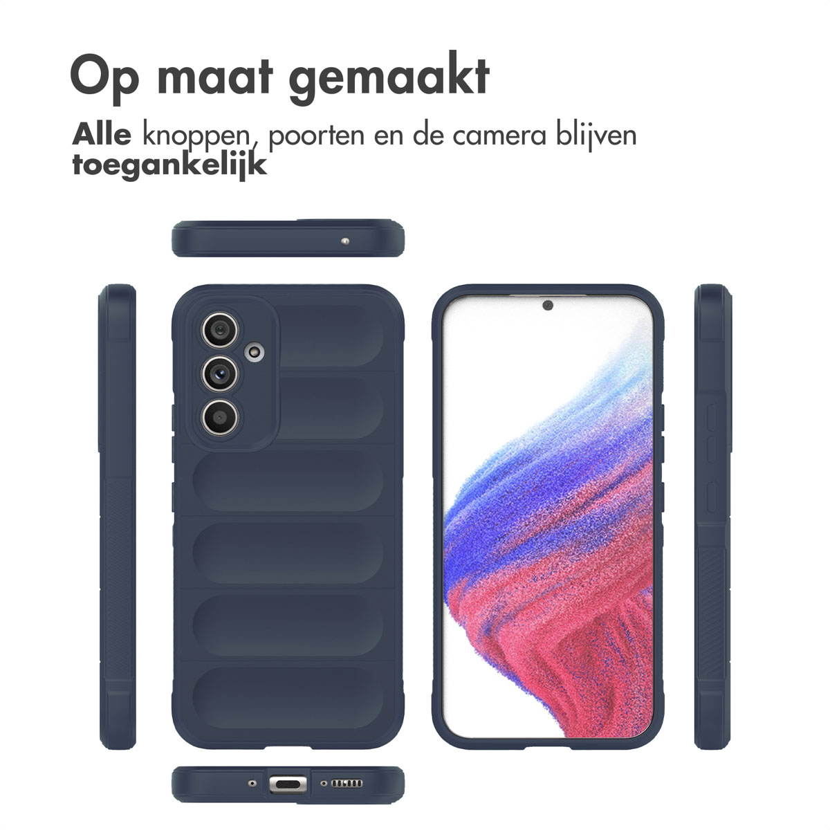 Custodia blu navy con telefono all'interno. Custodia con creste. Testo: 'Realizzato su misura'.