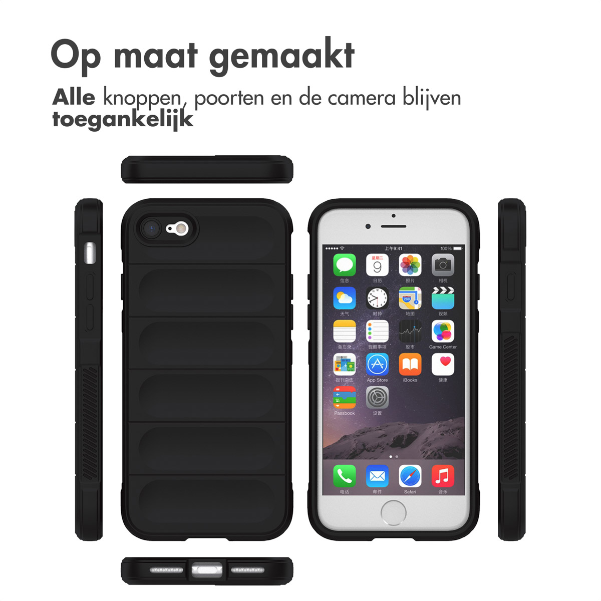 Un iPhone in una custodia nera. La custodia ha un design a coste. Il telefono visualizza icone. Il testo è in olandese.