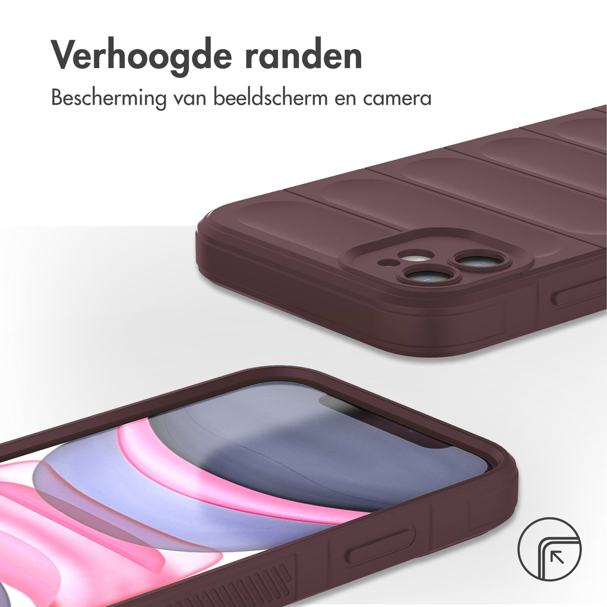 Deux étuis de téléphone marron. Un en haut, l'autre en bas, montrant l'écran du téléphone. Le texte dit 'Bords surélevés' et 'protection de l'écran et de la caméra'.
