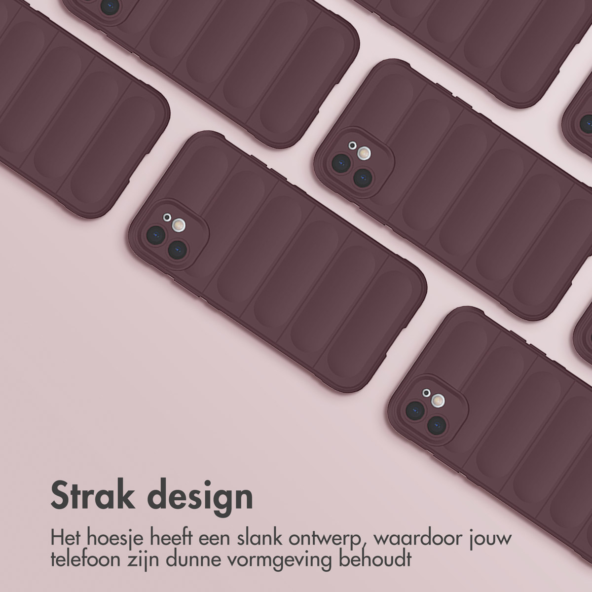 Plusieurs étuis de téléphone bordeaux sur fond mauve. Texte : Design élégant.