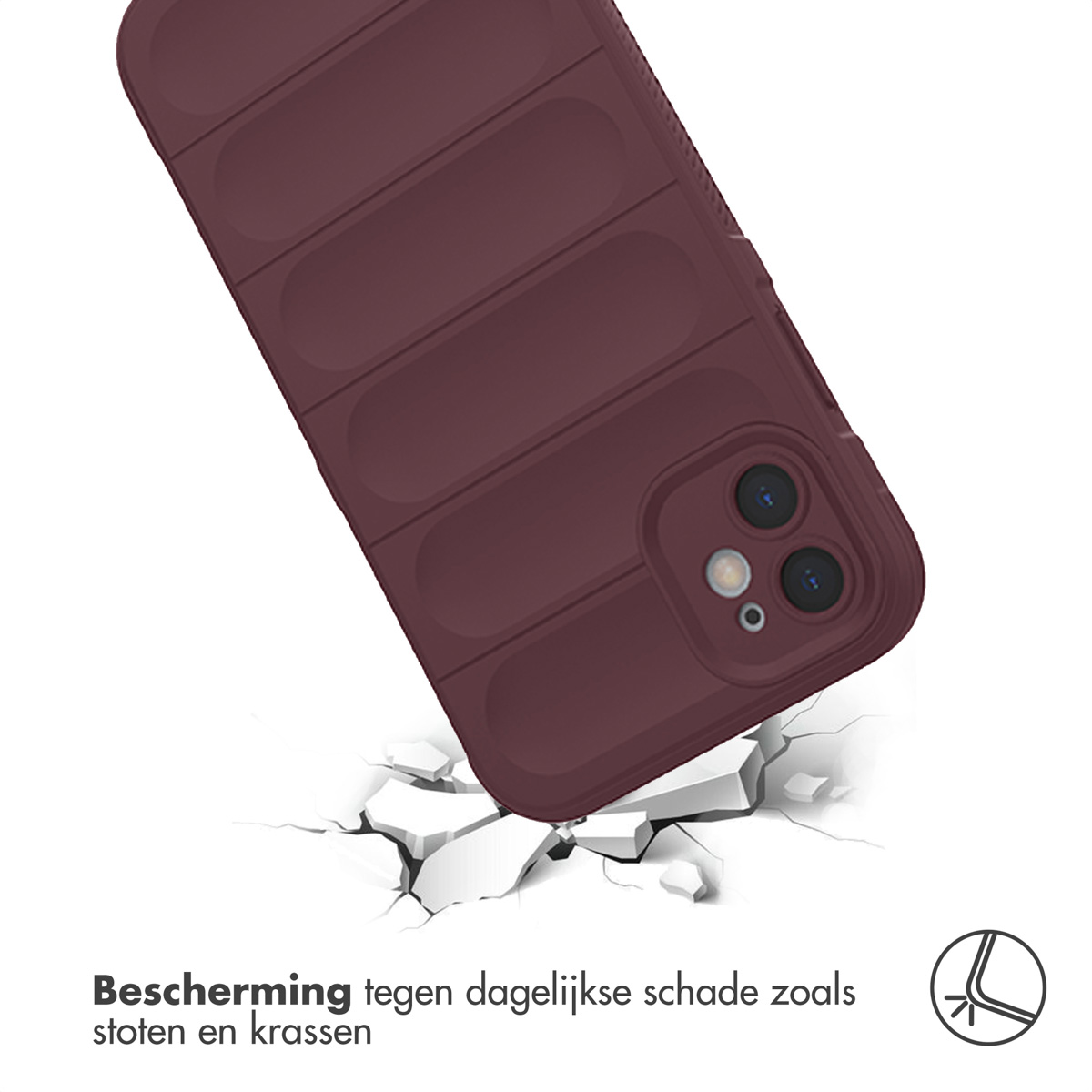 Une coque de téléphone bordeaux tombant avec un sol fissuré en dessous, suggérant une protection contre les chutes.