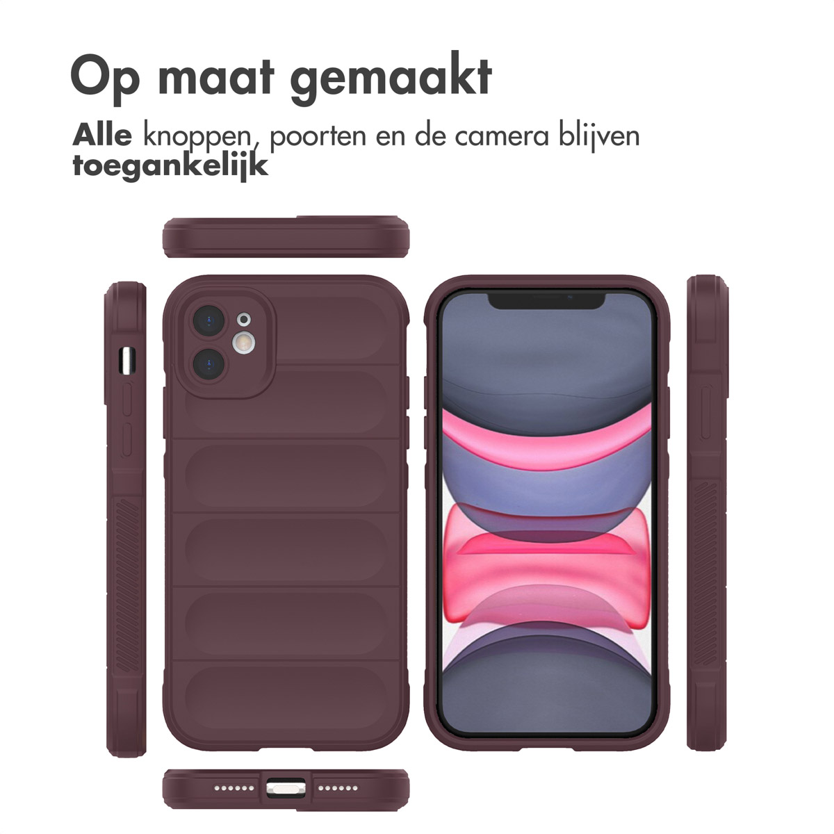 Plusieurs vues d'une coque bordeaux avec un téléphone à l'intérieur, fond blanc.