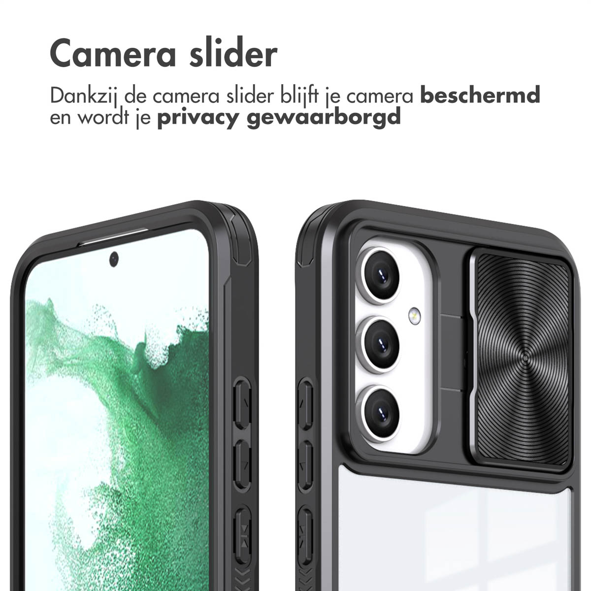 Coque de téléphone noire avec curseur de caméra. L'écran du téléphone affiche un fond vert.