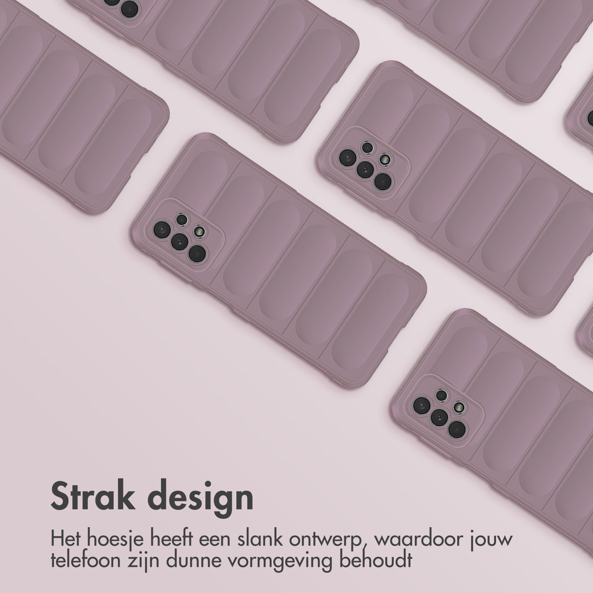 Paarse telefoonhoesjes in rasterpatroon, met tekst 'Strak design'.