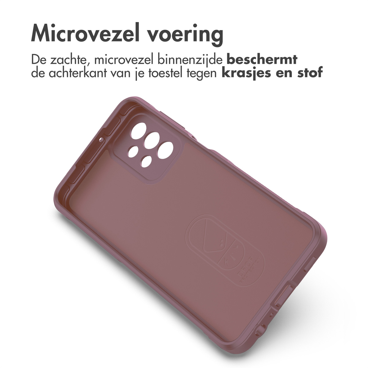 Roze telefoonhoes binnenkant. Een logo is zichtbaar aan de onderkant, met een telefoonvorm.