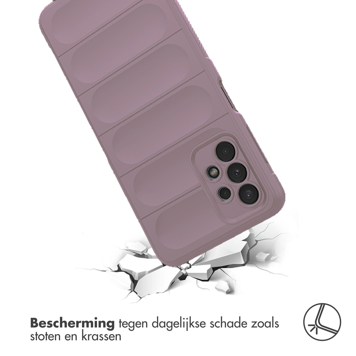 Een paarse telefoonhoes in een valtest. Tekst zegt 'Bescherming tegen dagelijkse schade zoals stoten en krassen'.