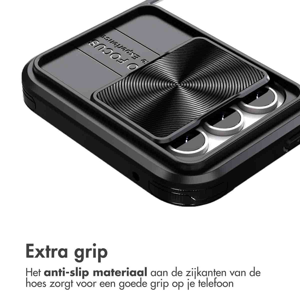 Coque de téléphone noire avec téléphone. Texte 'Extra grip'.