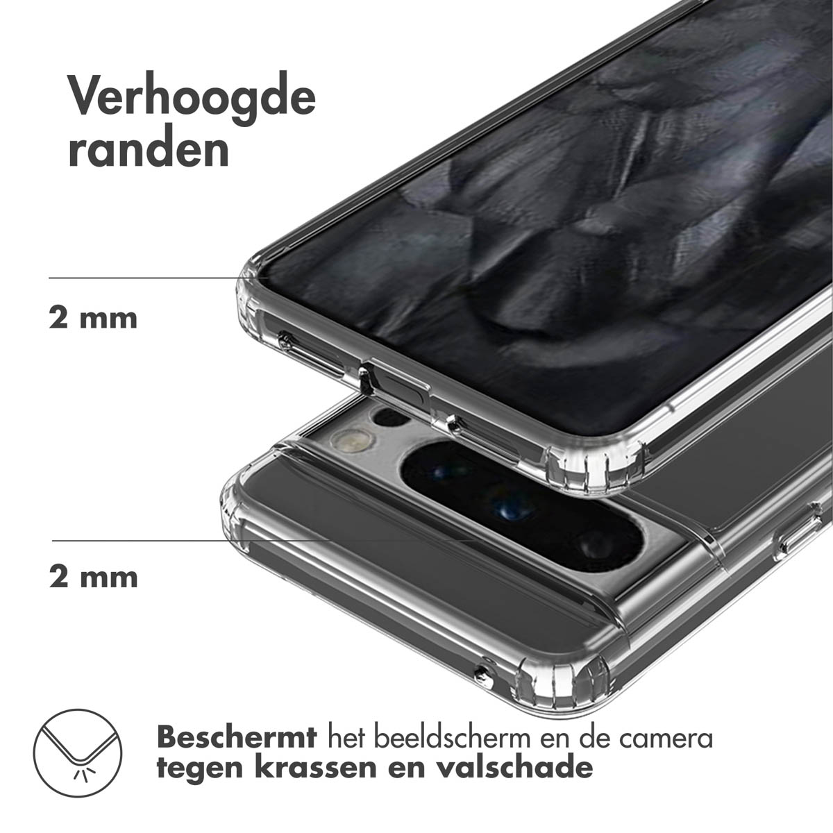 Coque de téléphone avec un téléphone à l'intérieur avec dos transparent, avec un détail d'écart de 2 mm.