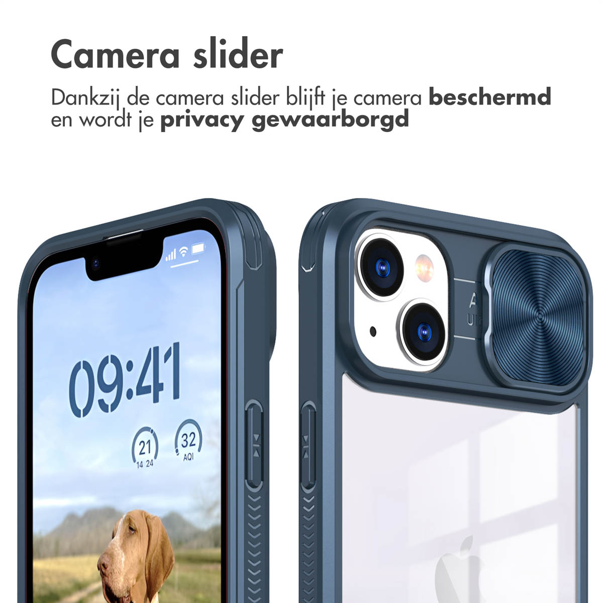 Twee telefoons met donkerblauwe hoesjes. Eén toont een hondenafbeelding op het scherm; de andere heeft een camerahoes.