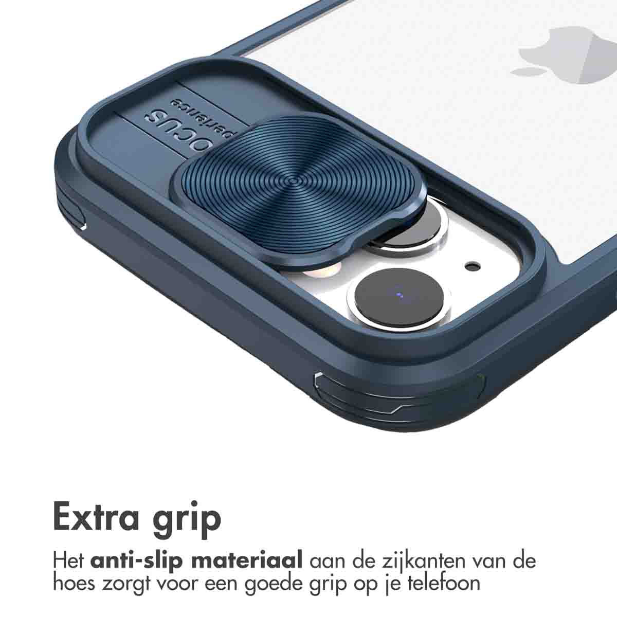 Blauwe telefoonhoes met een ring. Tekst geeft aan dat het antislipmateriaal een goede grip biedt.