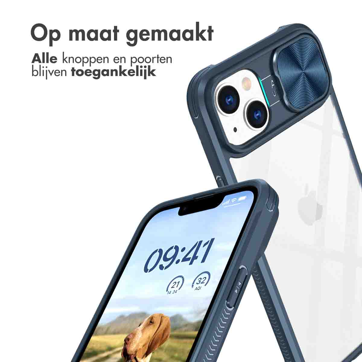 Twee telefoons in hoesjes. Eén toont de voorkant, de ander de achterkant met camera cover.