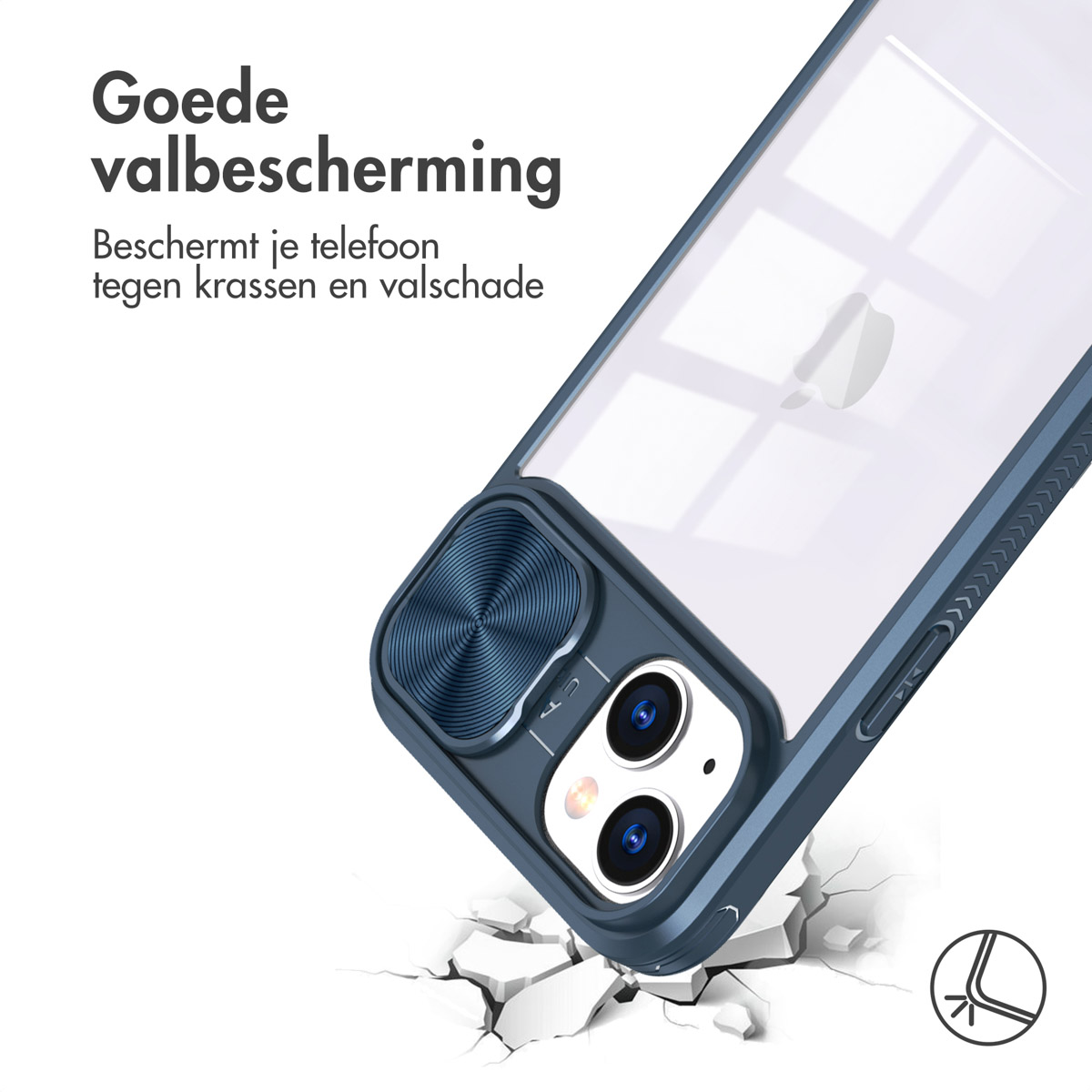 Een telefoonhoesje in een valtest. Tekst zegt 'Beschermt je telefoon tegen krassen en valschade'.