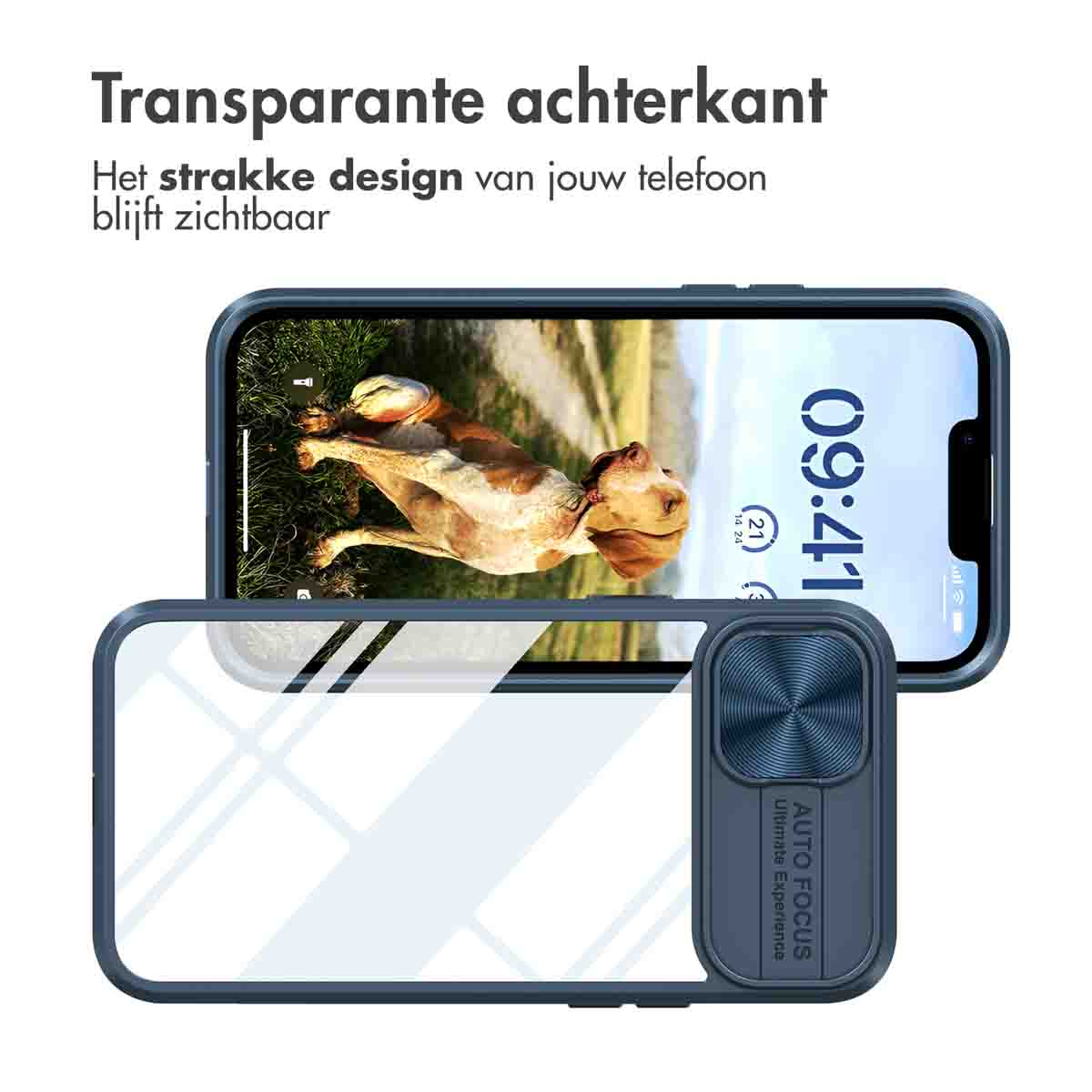 Telefoon in een hoesje met een transparante achterkant. Tekst: 'Transparante achterkant'.