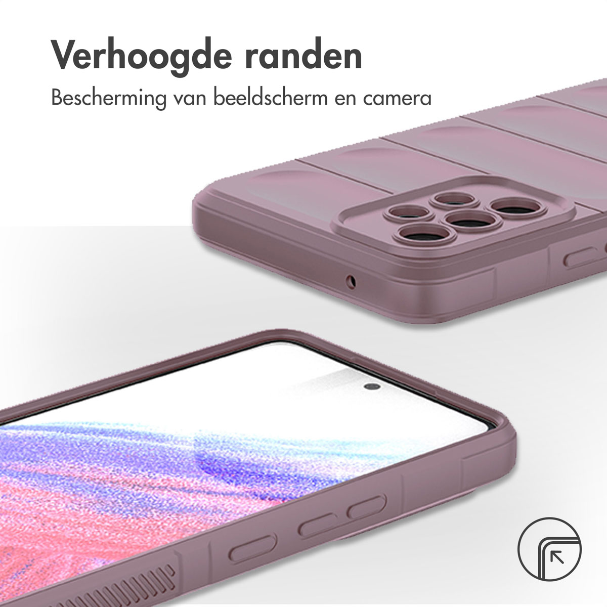 Een roze telefoonhoesje met een telefoon erin. De hoes heeft verhoogde randen. Tekst: 'Verhoogde randen' en 'bescherming'.
