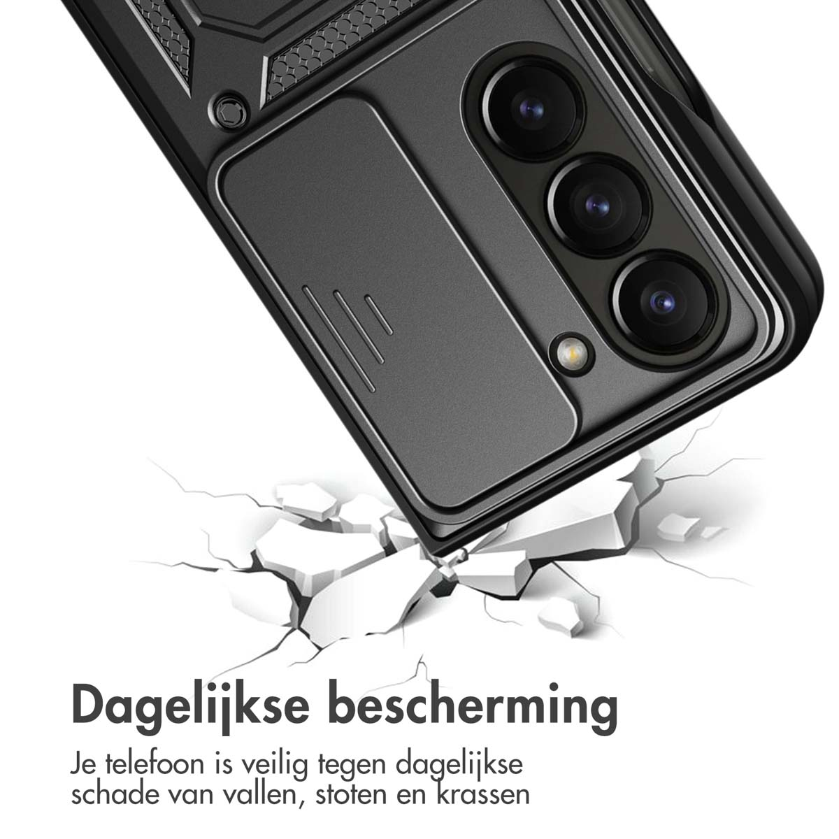 Schwarze Handyhülle auf zerbrochener Oberfläche. Text: 'Täglicher Schutz. Ihr Telefon ist vor Beschädigungen geschützt'.