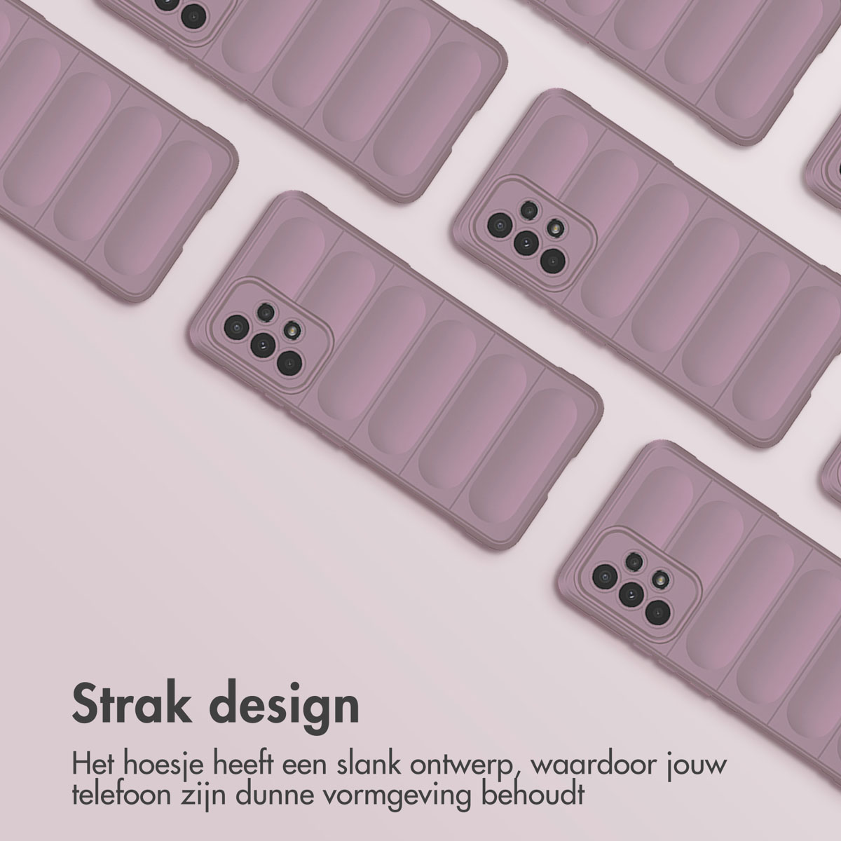 Paarse telefoonhoesjes in rasterpatroon, met tekst 'Strak design'.