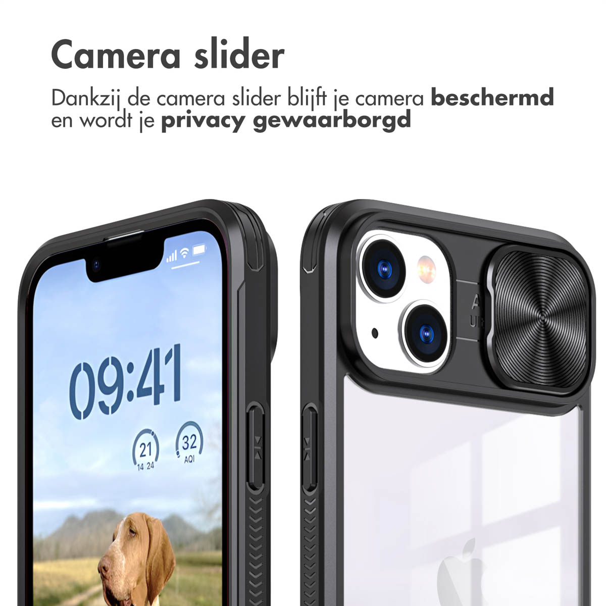Deux téléphones avec caches caméra. L'un montre l'écran, l'autre l'arrière.