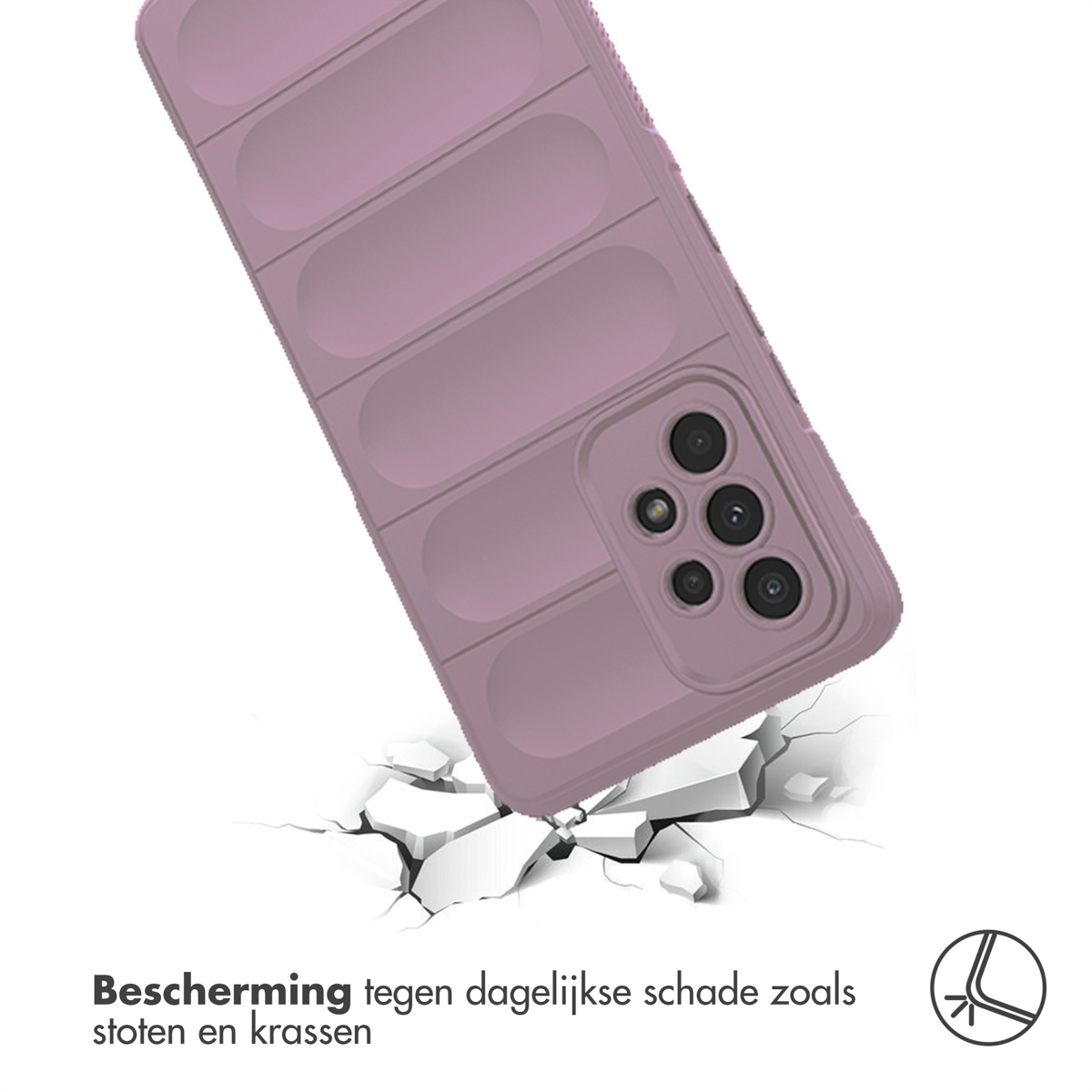 Paarse telefoonhoes op gebarsten grond. Toont bescherming tegen dagelijkse schade, zoals vallen.