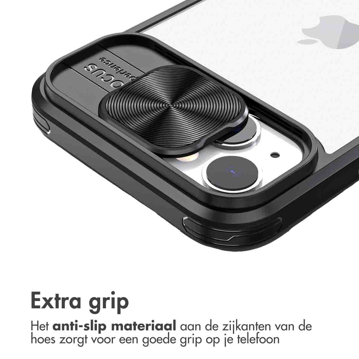 Coque de téléphone noire avec anneau, anneau noir sur fond blanc. Le texte dit 'Extra grip'.