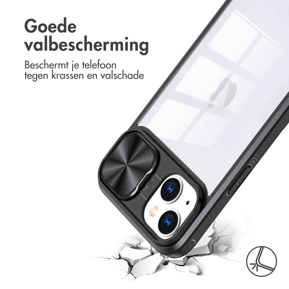 Une coque de téléphone lors d'un test de chute. Le texte dit : 'Protège votre téléphone contre les rayures et les dommages dus aux chutes'.