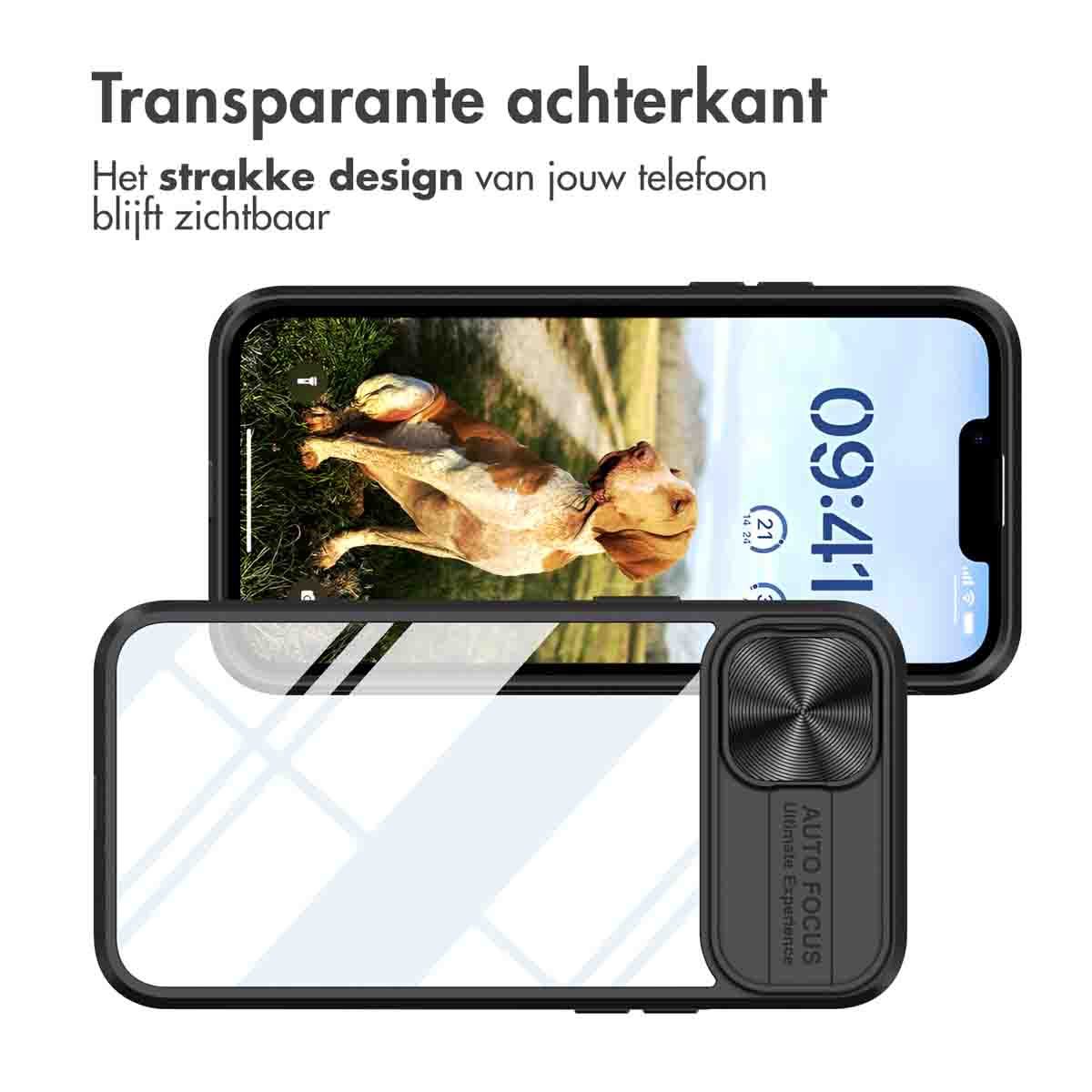 Un téléphone avec une coque arrière transparente. L'écran affiche une image de chien. Une coque noire avec curseur.