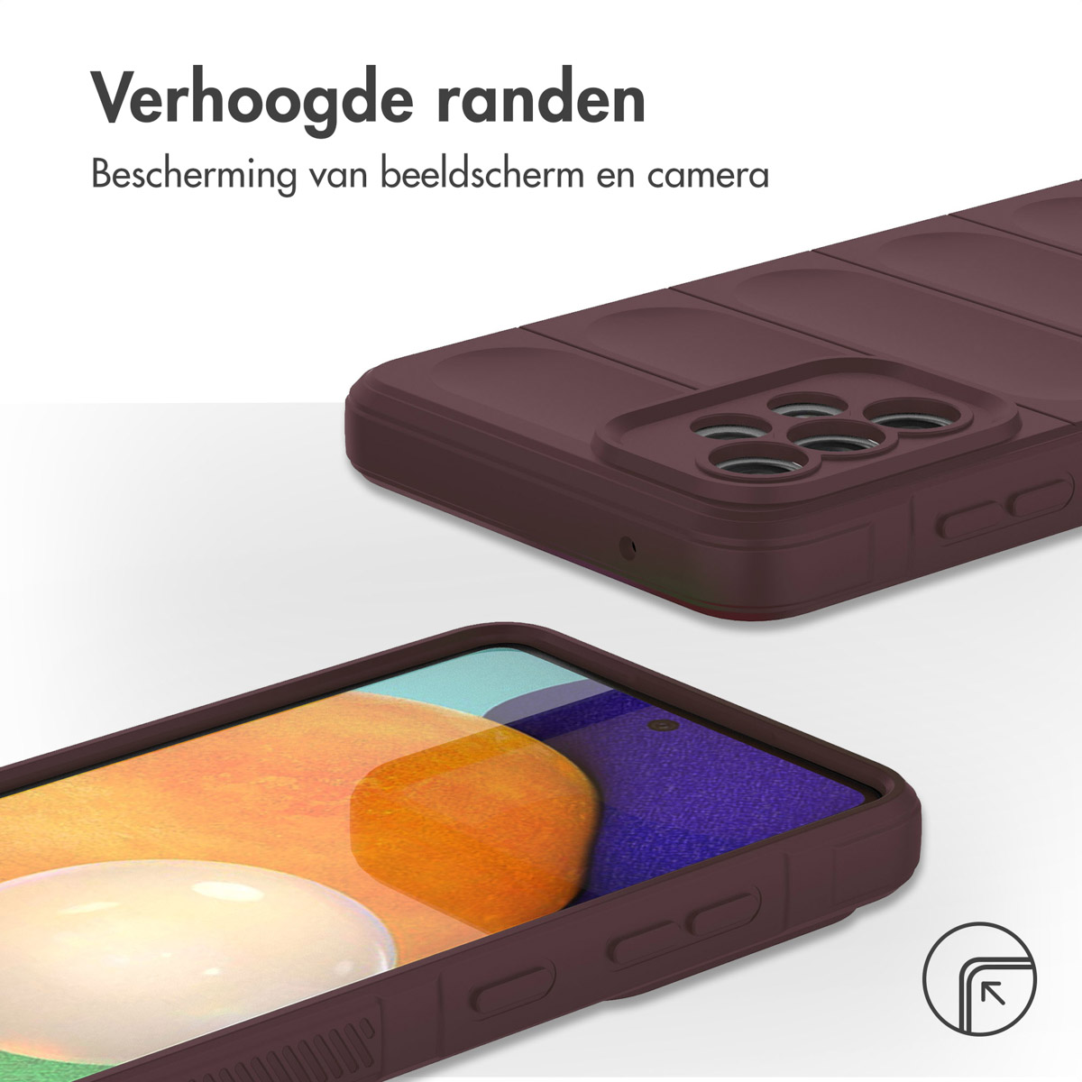 Een bordeauxrode telefoonhoes op een telefoon, met verhoogde randen. De camera is bovenaan zichtbaar.