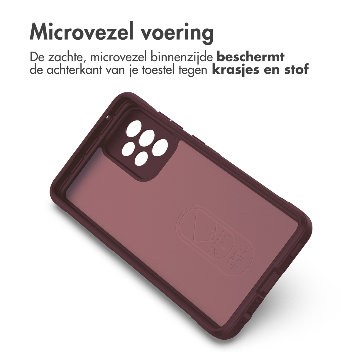 Bordeaux telefoonhoesje binnenkant met Nederlandse tekst, microvezelvoering tonend.