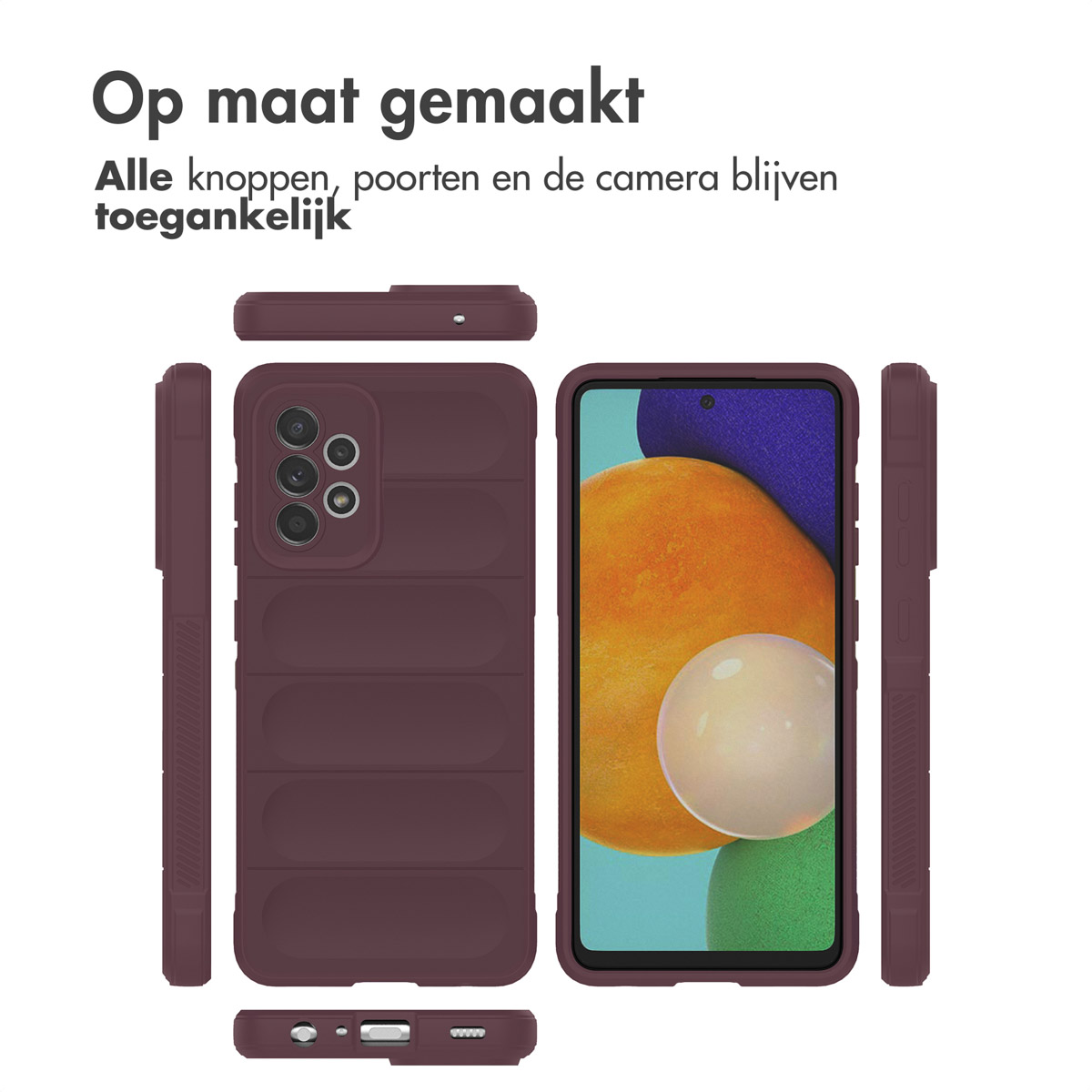 Bordeauxrode telefoonhoes met een telefoon erin, alle hoeken van de hoes tonend.