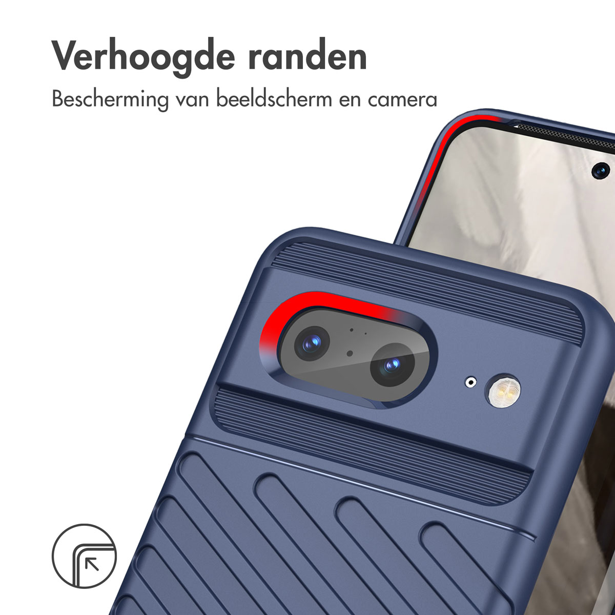 Een blauwe telefoonhoes met verhoogde randen wordt getoond. Een telefoon zit erin, met een rode rand rond de camera.