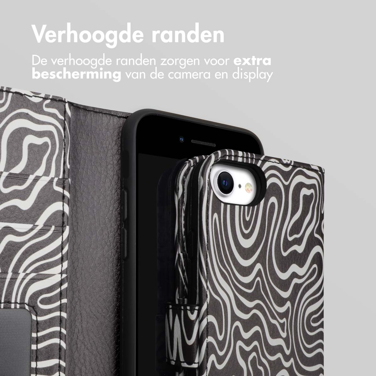 Telefoon in een hoesje met zebrapatroon. Tekst: Verhoogde randen.